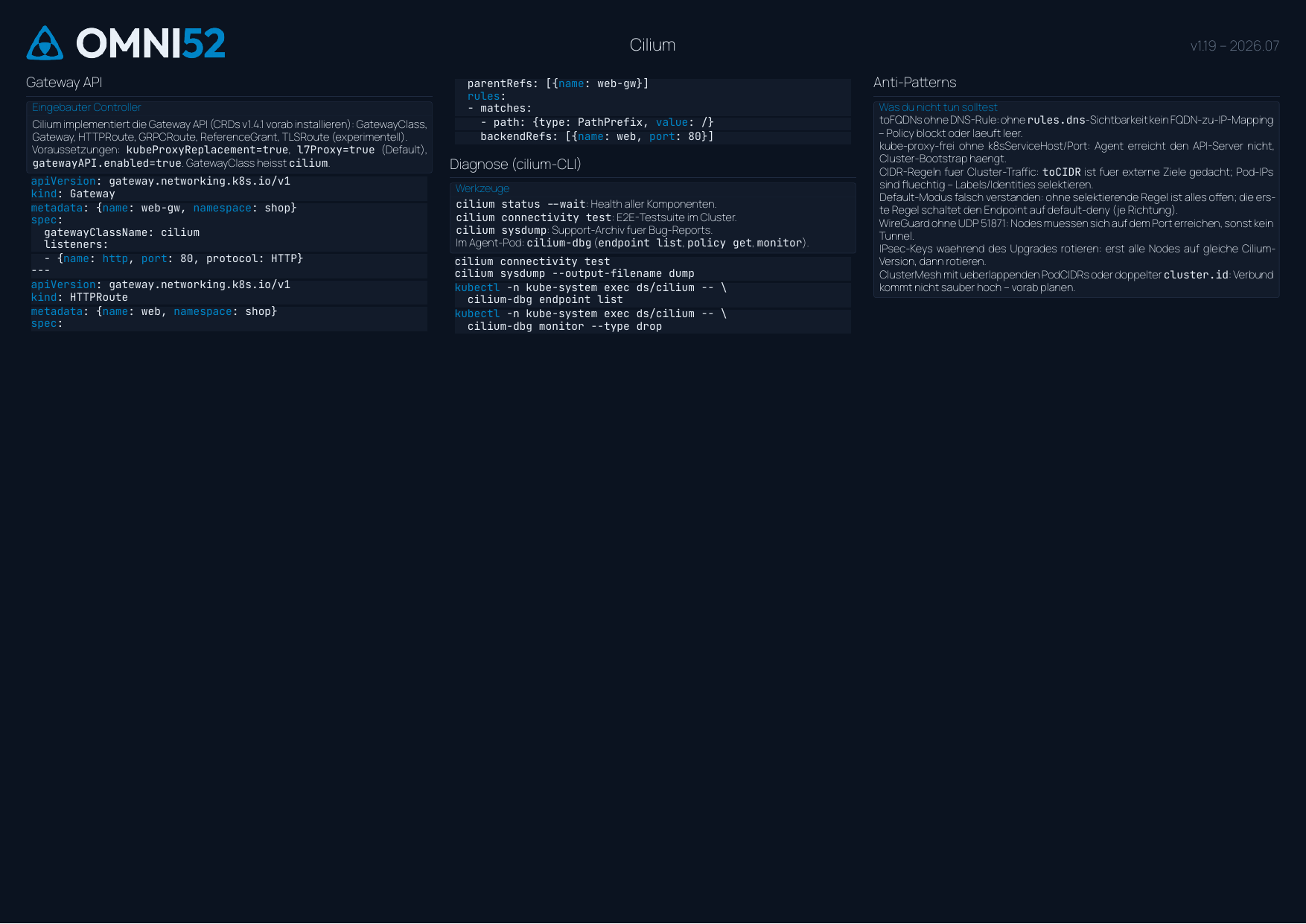 Cilium Cheatsheet Seite 2: Hubble, Encryption, ClusterMesh, Gateway API, Diagnose, Anti-Patterns